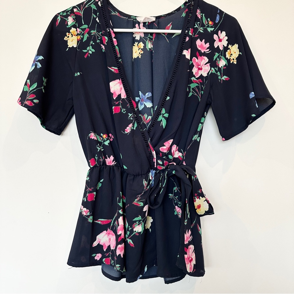 Sienna Sky Blue Navy Floral Wrap Tie Top Blouse